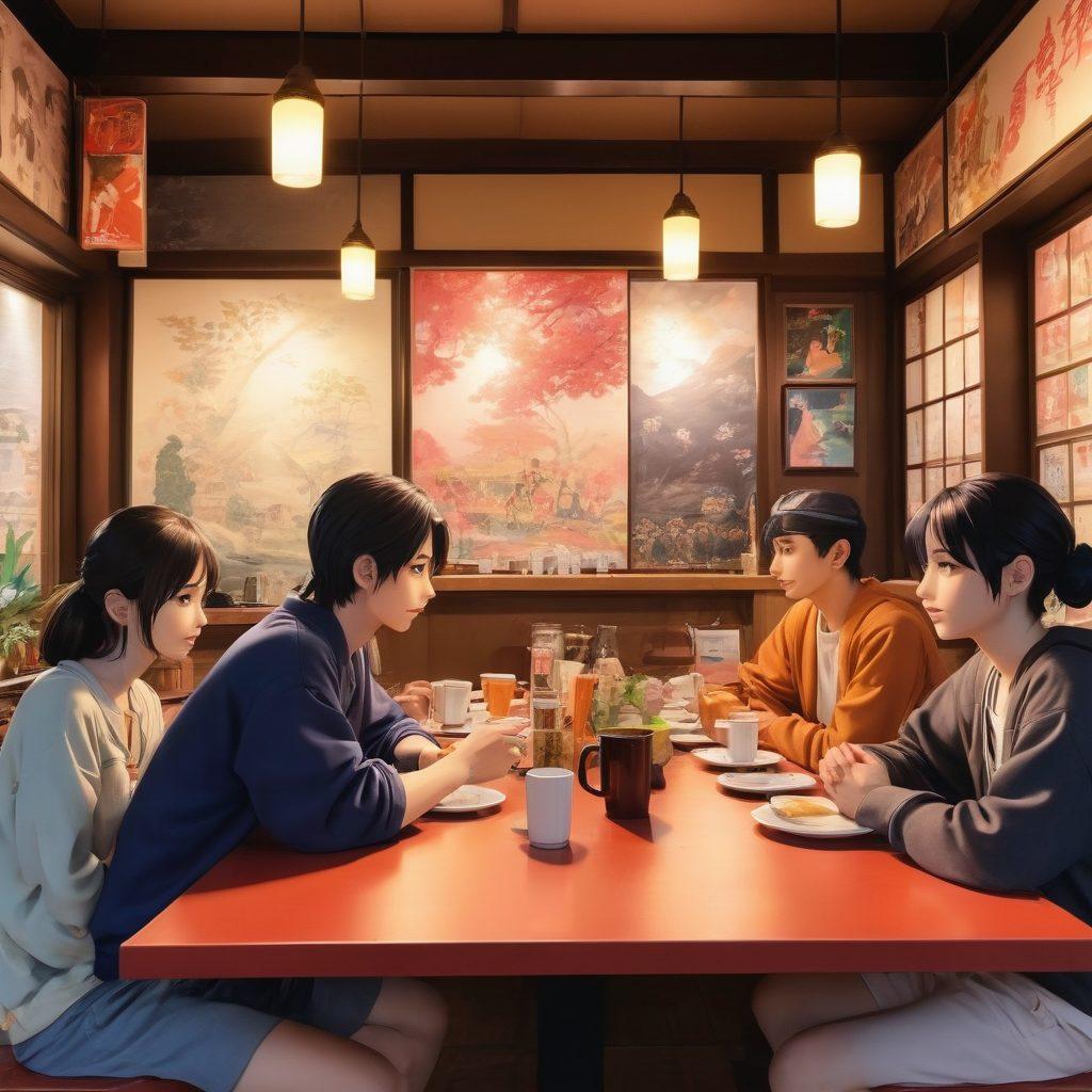 A lively gathering of diverse individuals animatedly discussing hentai culture in a cozy café, surrounded by vibrant artwork featuring popular manga characters. The room is adorned with colorful posters and figurines, showcasing the diversity of the community. The atmosphere is warm and inviting, reflecting a sense of belonging and enthusiasm. Diverse characters seated at a table with drinks, engaged in conversation. anime style, vibrant colors, cozy setting.
