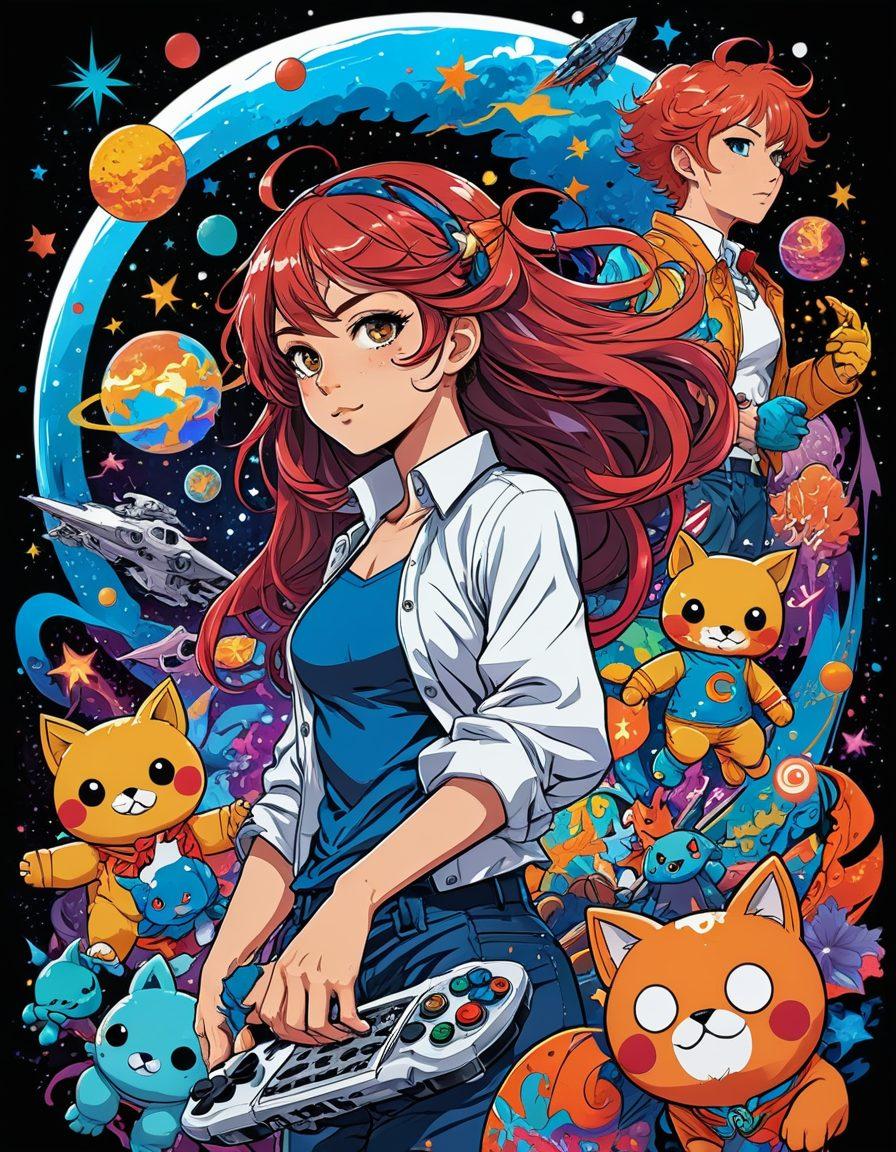A vibrant and fantastical illustration capturing the essence of the Hentai universe, featuring a dynamic mix of comic book panels with colorful, exaggerated characters alongside gaming elements like controllers and pixel art. Incorporate swirling cosmic backgrounds with playful motifs and symbols representing the different genres. The scene should emanate a sense of adventure and creativity, inviting viewers to explore the depths of the universe in an engaging and imaginative way. super-realistic. vibrant colors. white background.