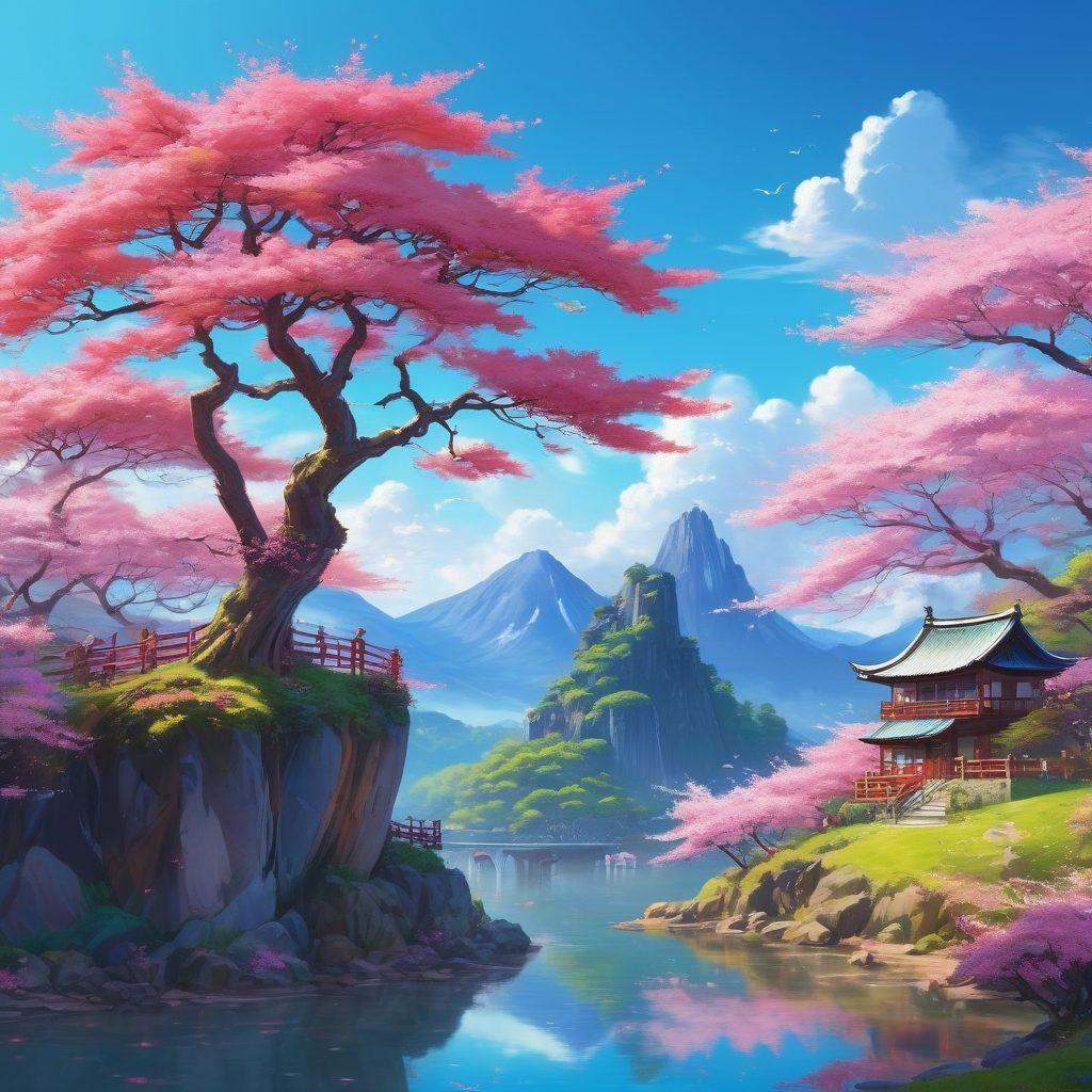 A visually striking composition featuring a vibrant anime-style landscape with playful characters inspired by a variety of Hentai illustrations. Showcase a mix of fantastical elements, like floating islands and cherry blossom trees, alongside elements of manga culture, such as books and art supplies. Incorporate elements like dynamic poses and exaggerated expressions to reflect the energy of anime. The scene should have a colorful, dreamlike quality that draws the viewer in, blending eroticism with artistry. vivid colors. anime style. fantasy landscape.